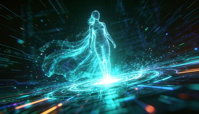 Neon cybernetic female hologram levitation over digital ring matrix, futuristic ai avatar