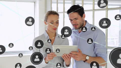 Business Professionals Using Tablet with Digital Network Effect