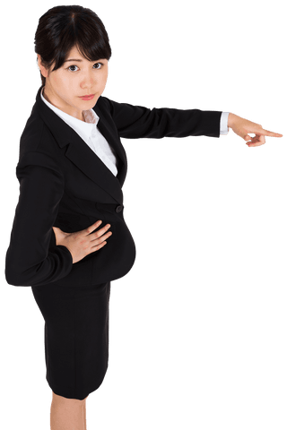Confident Businesswoman Pointing in Black Suit, Transparent Background