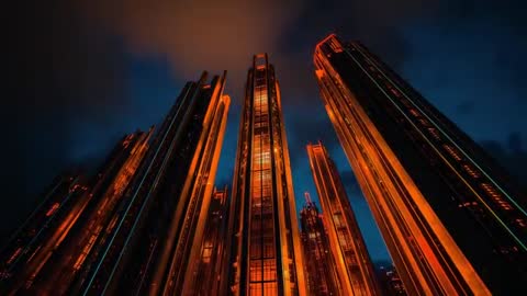 Futuristic Skyscrapers Illuminated Against Dusk Sky