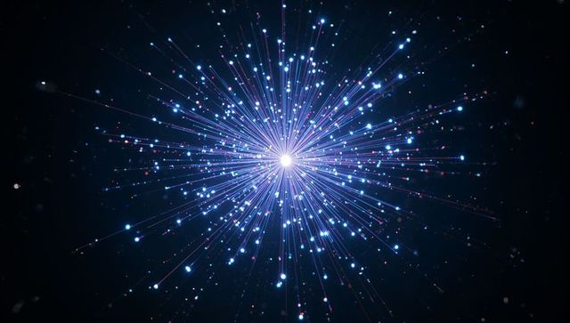 Neon starburst explosion radiating blue and violet light with scattered particles