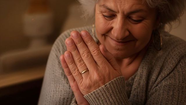 Senior woman pressing palms together, smiling, wearing knitted sweater and wedding ring