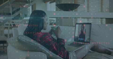 Woman video chatting with coffee, digital security overlay