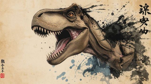 Tyrannosaurus rex head ink splash with calligraphy and seal