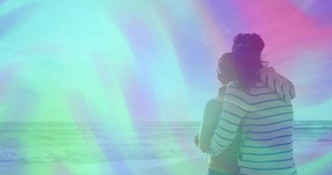 Couple Embracing by the Sea, Vibrant Pastel Hues