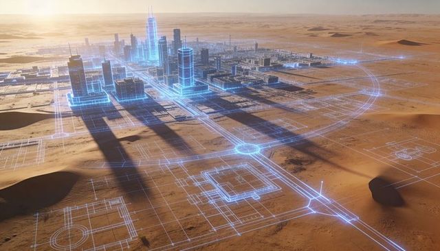 Projecting holographic desert city blueprint casting neon wireframe skyline with spire