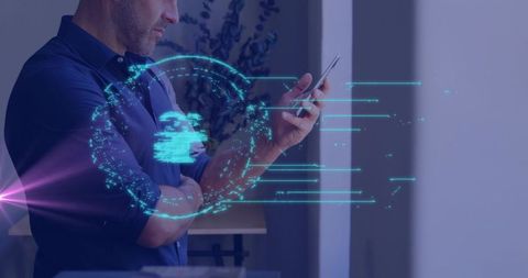 Checking smartphone with holographic globe overlay representing digital data flow in office