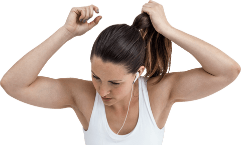 Transparent Athlete Tying Hair Listening to Music