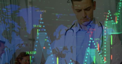 Doctor Analyzing Digital Data Overlay with Global Charts