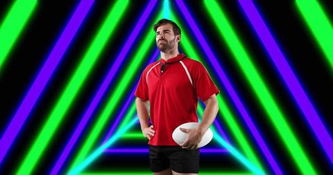 American Football Player Posing with Neon Triangles