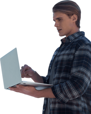 Young businessman in plaid shirt using laptop on transparent background
