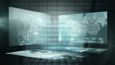 Futuristic Digital Interface with Data and Globe Hologram