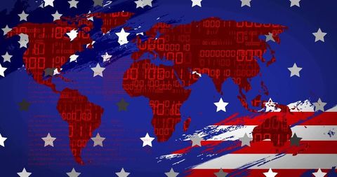 Global cybersecurity concept with red world map, binary code and american flag elements