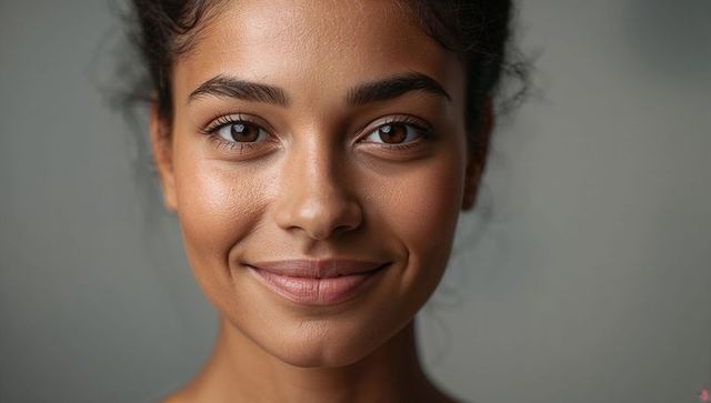 Smiling woman making direct eye contact closeup headshot on neutral gray background