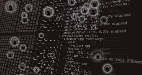 Monitoring network scan logs with glowing user nodes overlaying terminal hex dump visual