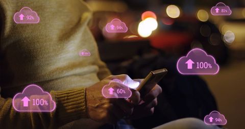 Man using smartphone with digital cloud uploading