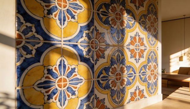 Sunlit ornate ceramic tile wall with blue yellow terracotta pattern and shadow play
