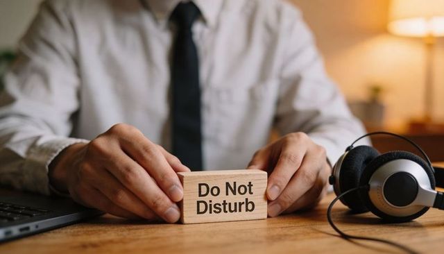 Businessman holding do not disturb block at desk with headphones and laptop