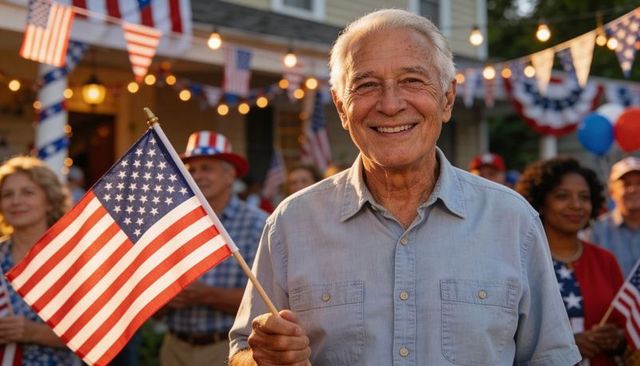 Smiling senior man holding american flag on porch during independence day celebration