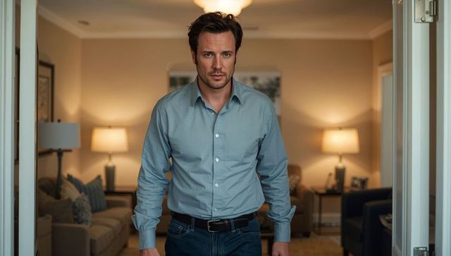 Confident man standing in doorway of cozy living room with warm lamps and casual attire