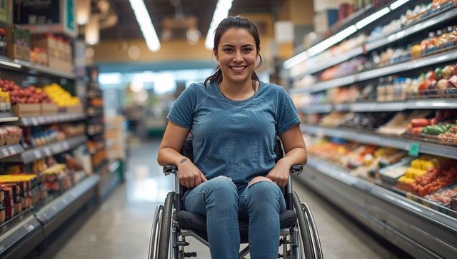 Smiling young woman in wheelchair shopping for fresh produce in supermarket aisle