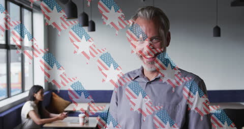 Confident Man Smiling Amidst American Flag Overlay