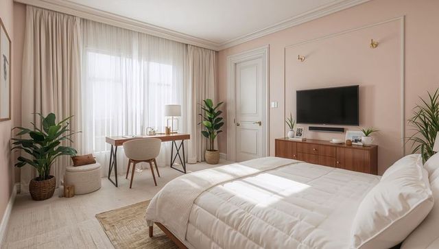 Modern Minimalist Bedroom with Cozy Peach and White Decor