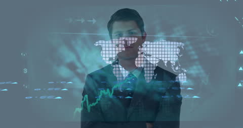 Confident Businessman with Global Financial Data Overlay