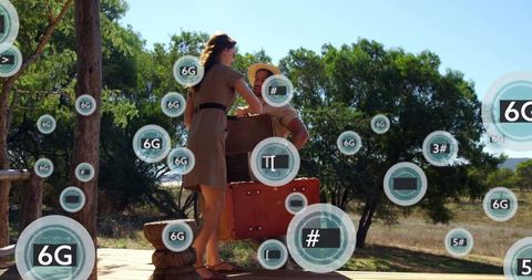 Couple Loading Luggage with 6G Connectivity Symbols Outdoors