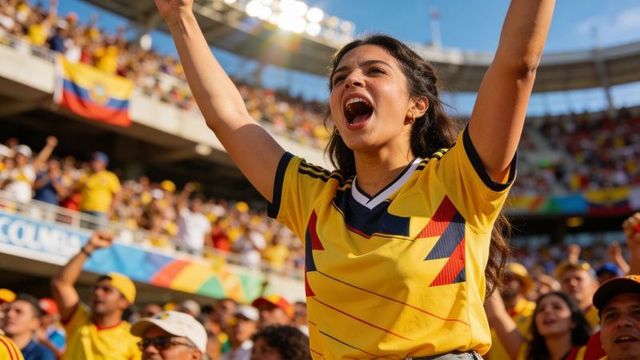 Cheering colombian fan wearing yellow jersey raising arms in sunlit stadium crowd