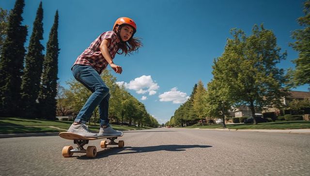 Teenage Girl Longboard Riding Suburban Street on Sunny Day