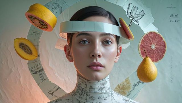 Elegant fashion: model embracing surreal art with sculptural headpiece