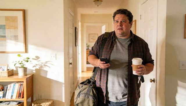 Middle-aged man carrying duffel and coffee while checking phone in sunlit hallway