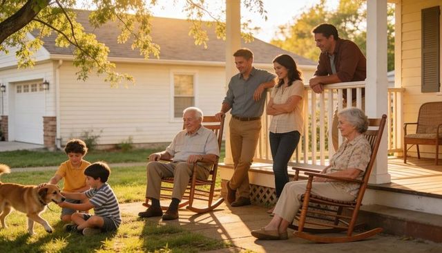 Multigenerational family relaxing on sunlit front porch, children bonding with dog