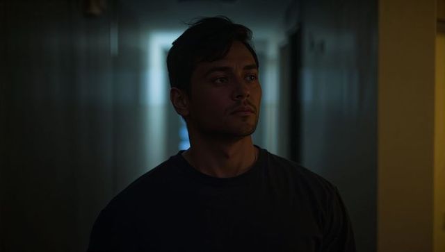 Moody backlit young man standing in narrow corridor gazing toward bright doorway cinematic