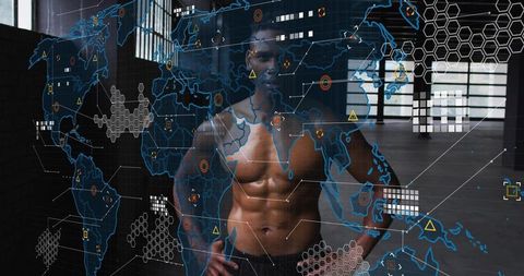 Shirtless Male Athlete Standing Hands on Hips with Holographic Global Data Overlay
