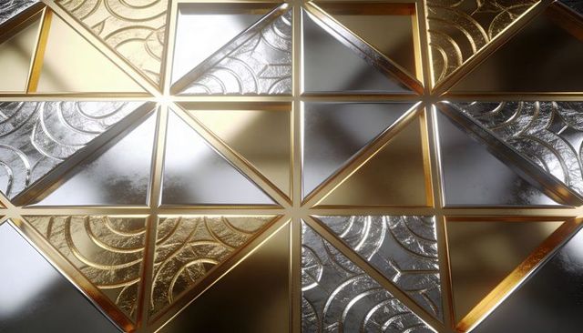 Luxurious geometric metal wall panel featuring gold ribs, embossed arc motifs, reflective triangles