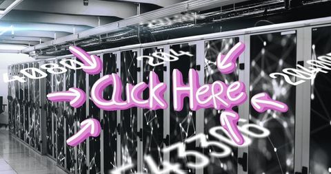 Neon-Pink Overlay Commanding Click Here on Server Racks