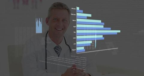 Smiling doctor presenting healthcare analytics dashboard with bar charts and stethoscope