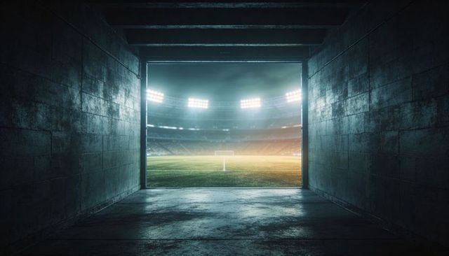 Stadium Tunnel Leading to Illuminated Soccer Pitch and Goal Under Floodlights