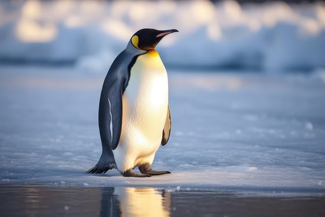 Emperor penguin standing on icy snowy surface and water, created using generative ai technology. Nature, animal and wildlife concept digitally generated image.