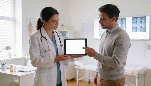 Female doctor showing tablet to male patient during clinic consultation, digital health discussion