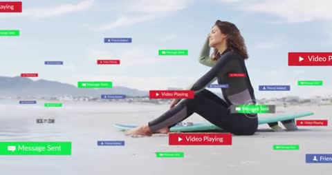 Woman Surfing Online Notifications at Beachside in Tranquil Scene