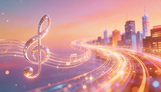 Glowing treble clef flowing musical staff toward illuminated city skyline at dusk