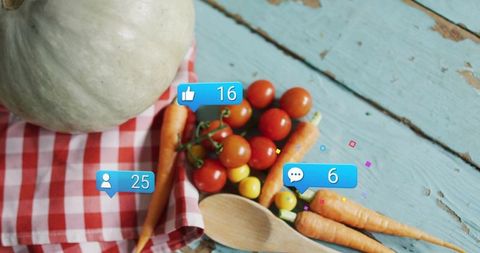 Rustic farm-to-table produce showcasing cherry tomatoes, carrots, wooden spoon with social badges