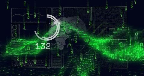 Futuristic data analytics interface with binary code and map