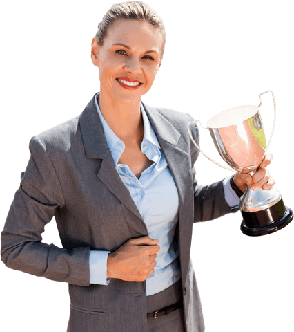 Smiling Caucasian Businesswoman Holding Trophy on Transparent Background