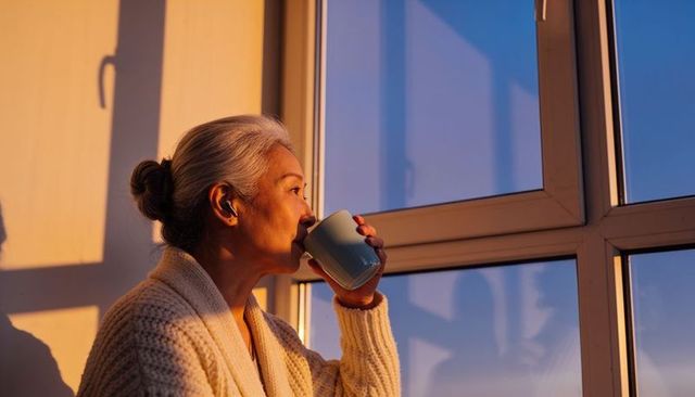 Senior asian woman sipping from blue mug by sunlit multi-pane window wearing cream cardigan