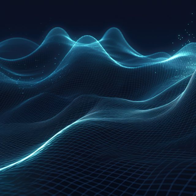 Abstract depiction of futuristic digital waveform illuminated with neon light. Perfect for use in technology-related presentations, websites on artificial intelligence, innovation materials, IT industry promotions, and digital art projects.
