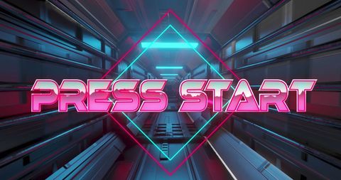 Retro 'press start' game interface with neon elements in futuristic tunnel